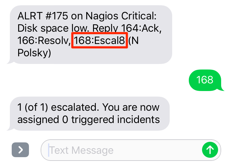 A screenshot of a PagerDuty SMS notification showing how to escalate an incident