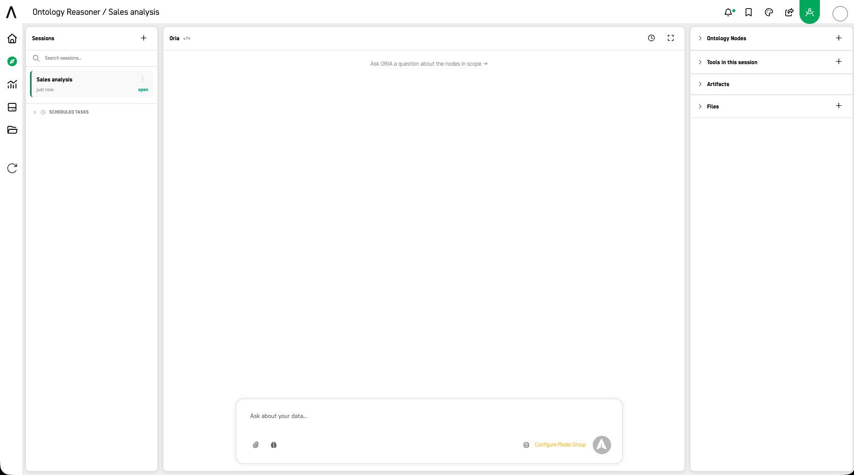 Screenshot: Full Ontology Reasoner session workspace (3-panel layout)