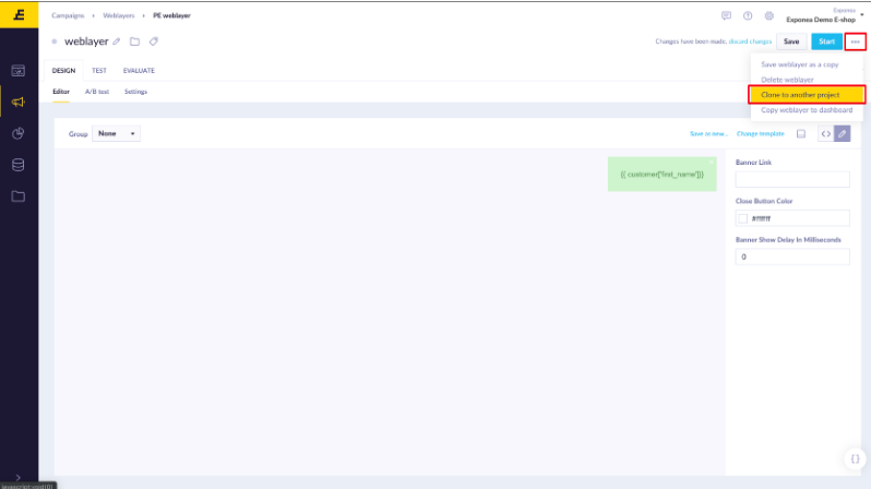 Three-dot menu on campaign page with clone option highlighted