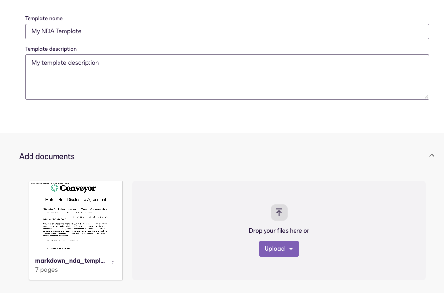 DocuSign template creation form showing fields for Template name and description, and a section to upload NDA documents. One NDA PDF file is uploaded.