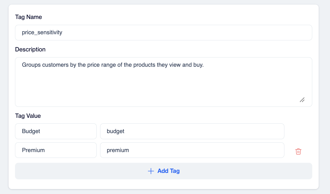 New Smart Tag form with Tag Name, Description, Tag Value rows, and the Add Tag button