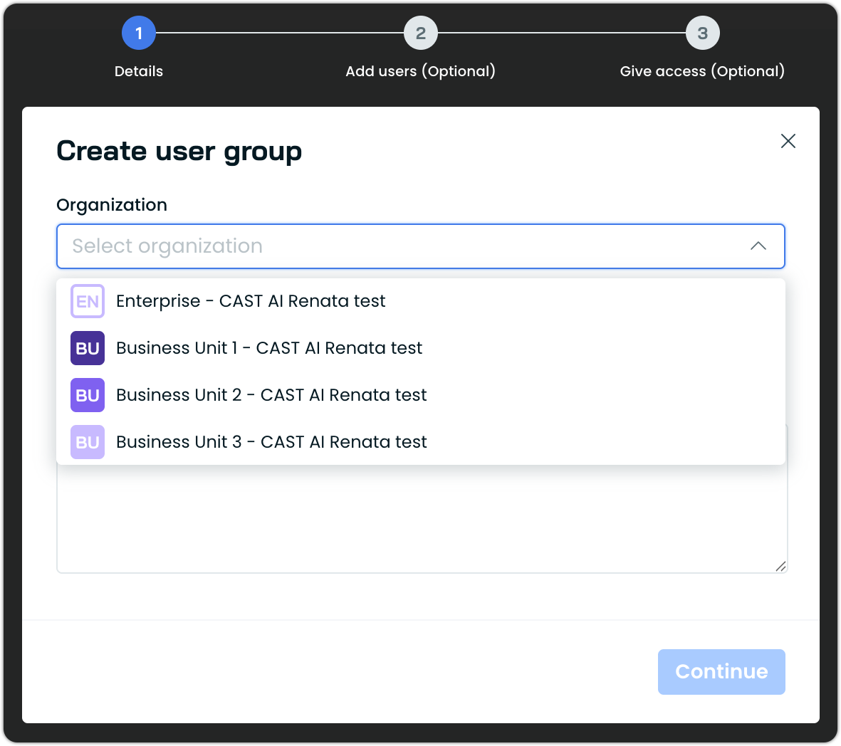 Create user group dialog with organization scope selection