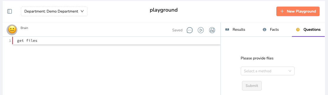 Open Questions tab where you can upload files to be used in the Playground automation