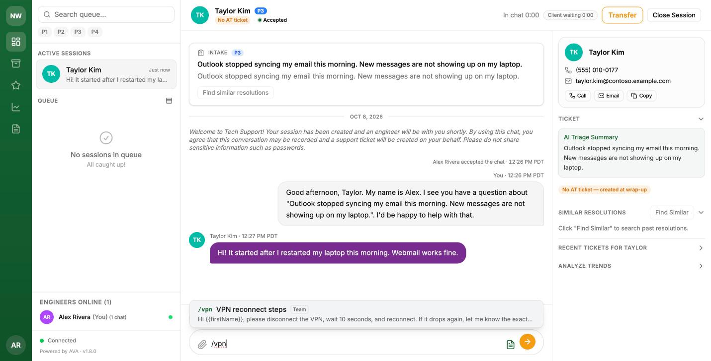 Typing /vpn shows the matching team snippet with a preview of its text