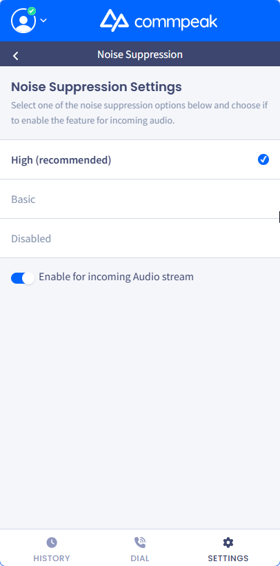 Screenshot of the Noise Suppression options