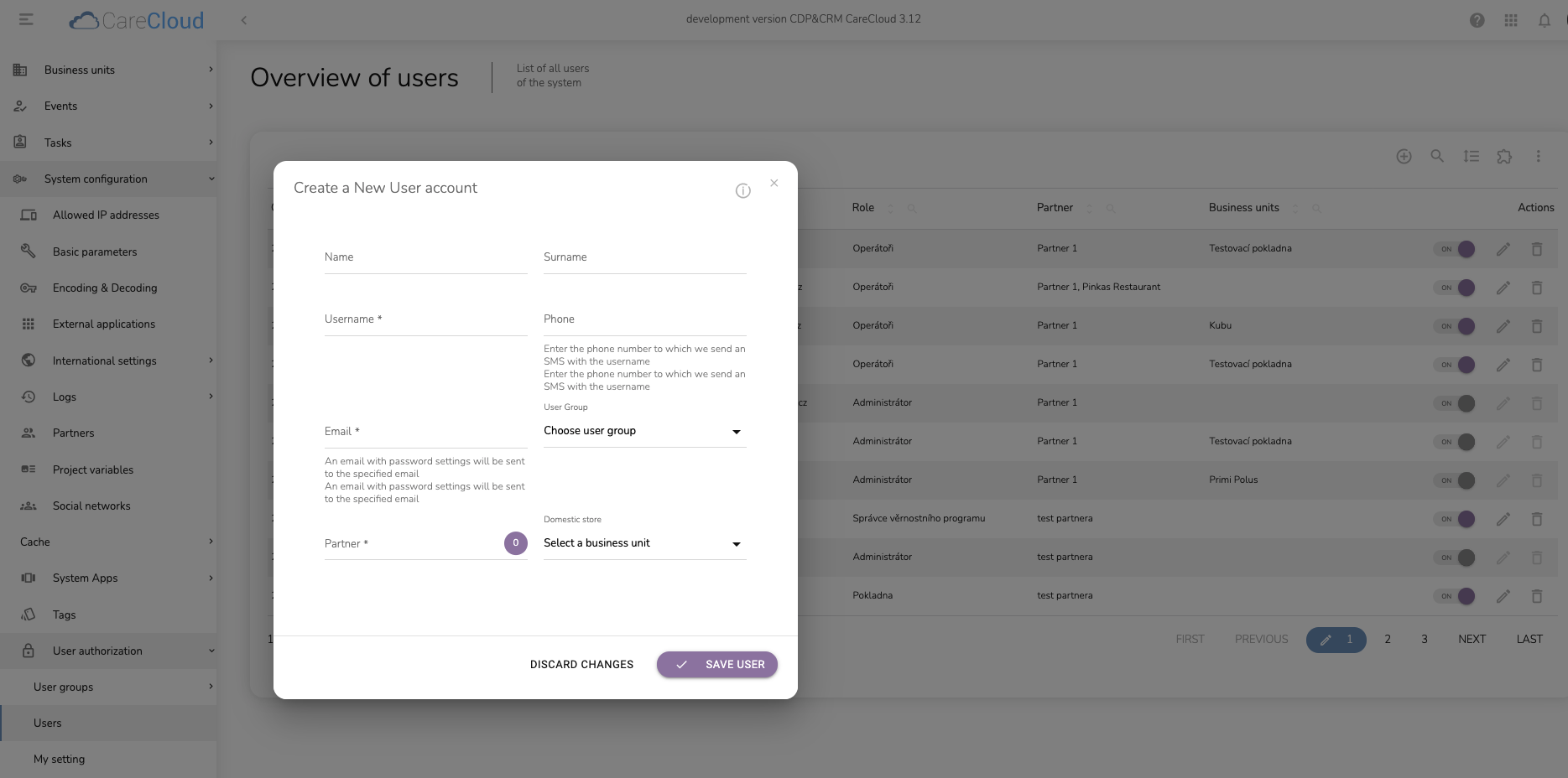 CareCloud CDP form for creating a new user.