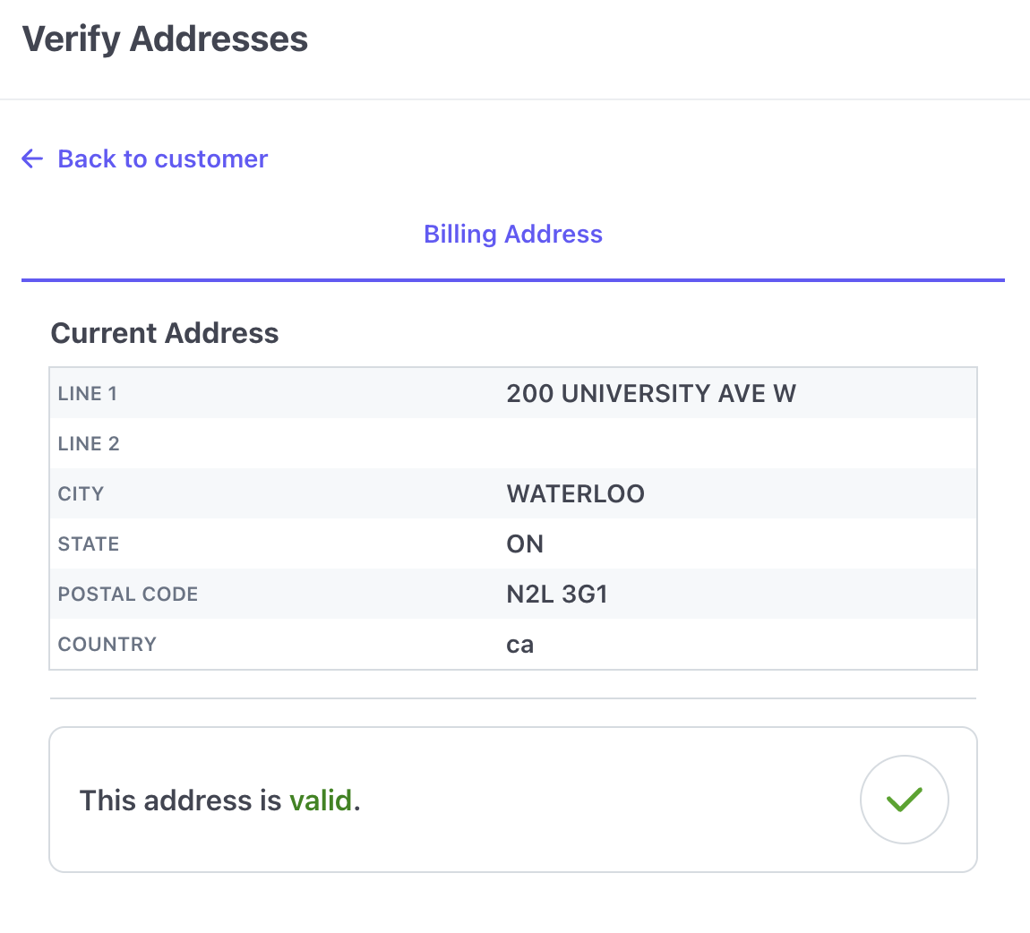 PostGrid's Customer Address Verification menu after changes