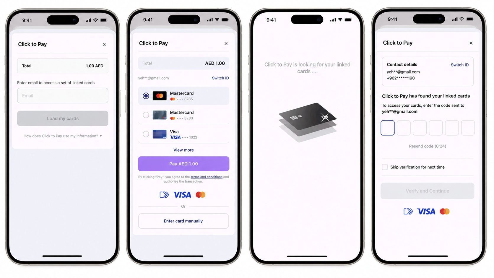 Click to pay payment screens, from displaying the transaction amount to prompting for the otp. 