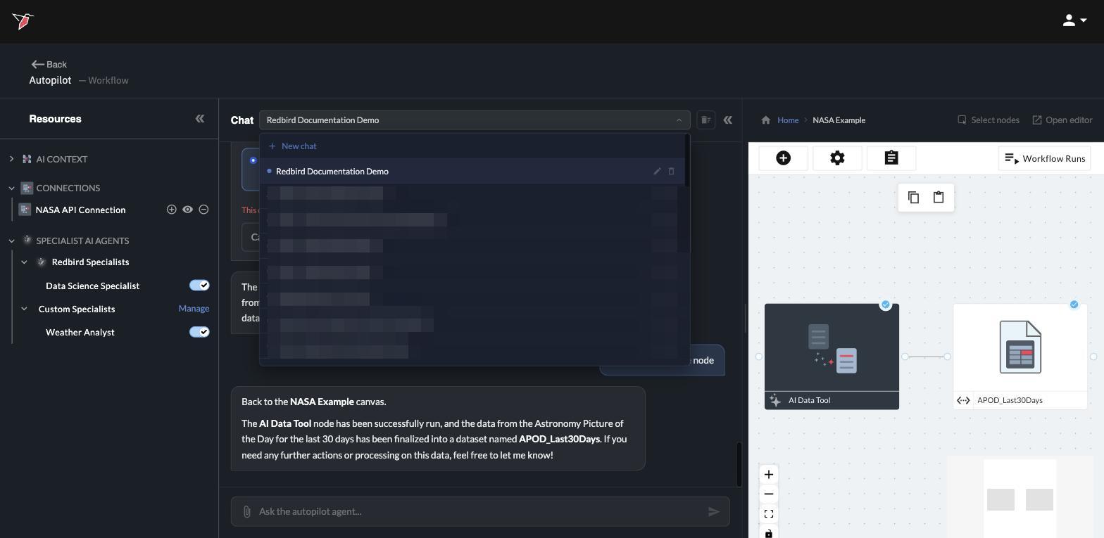 The thread selector open: New chat, and rename/delete icons beside each thread