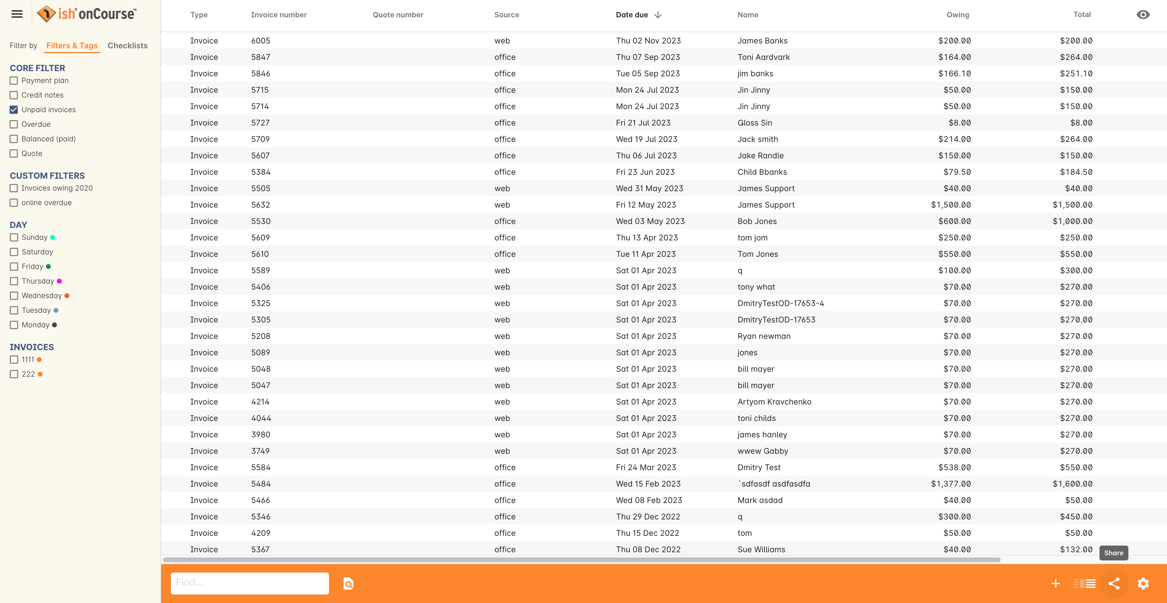 Figure 331. Share Icon in the bottom-right of the Invoices list view