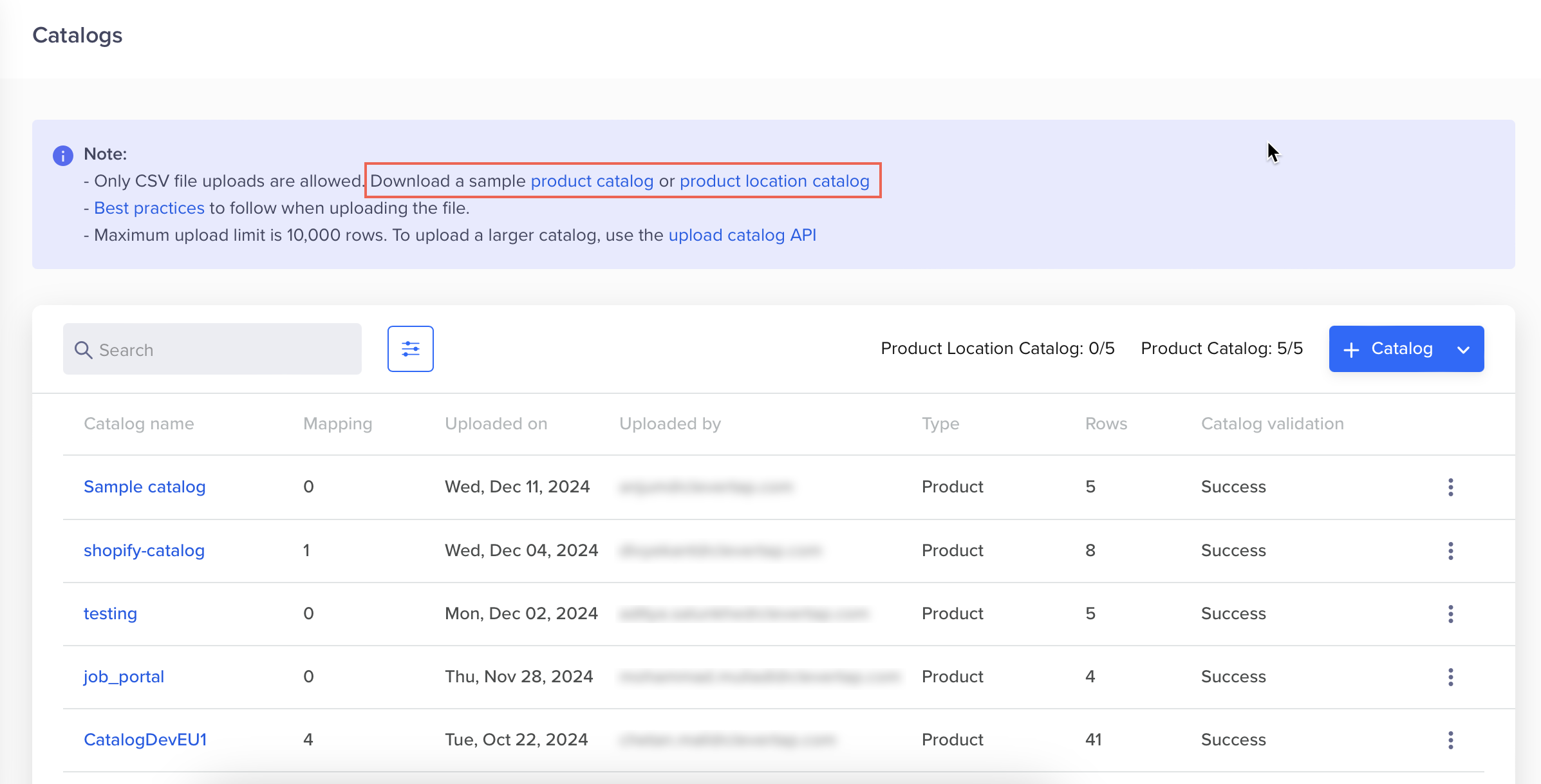 Click Sample Product Location Catalog csv and Sample Product Catalog csv links to download the respective sample CSV files from the Catalogs page