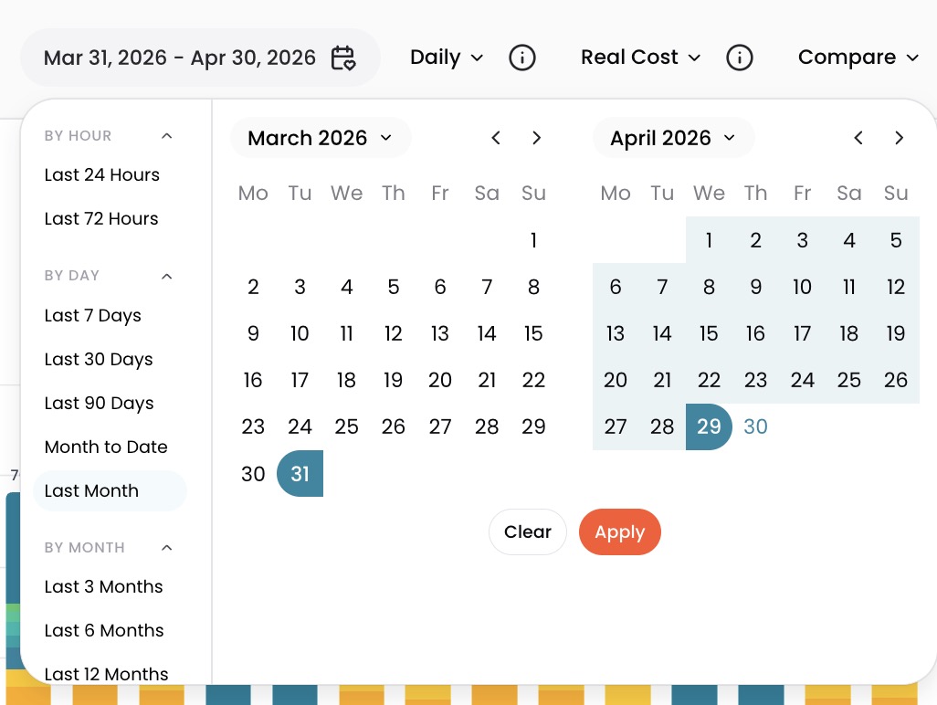 Time Range picker showing predefined ranges and calendar