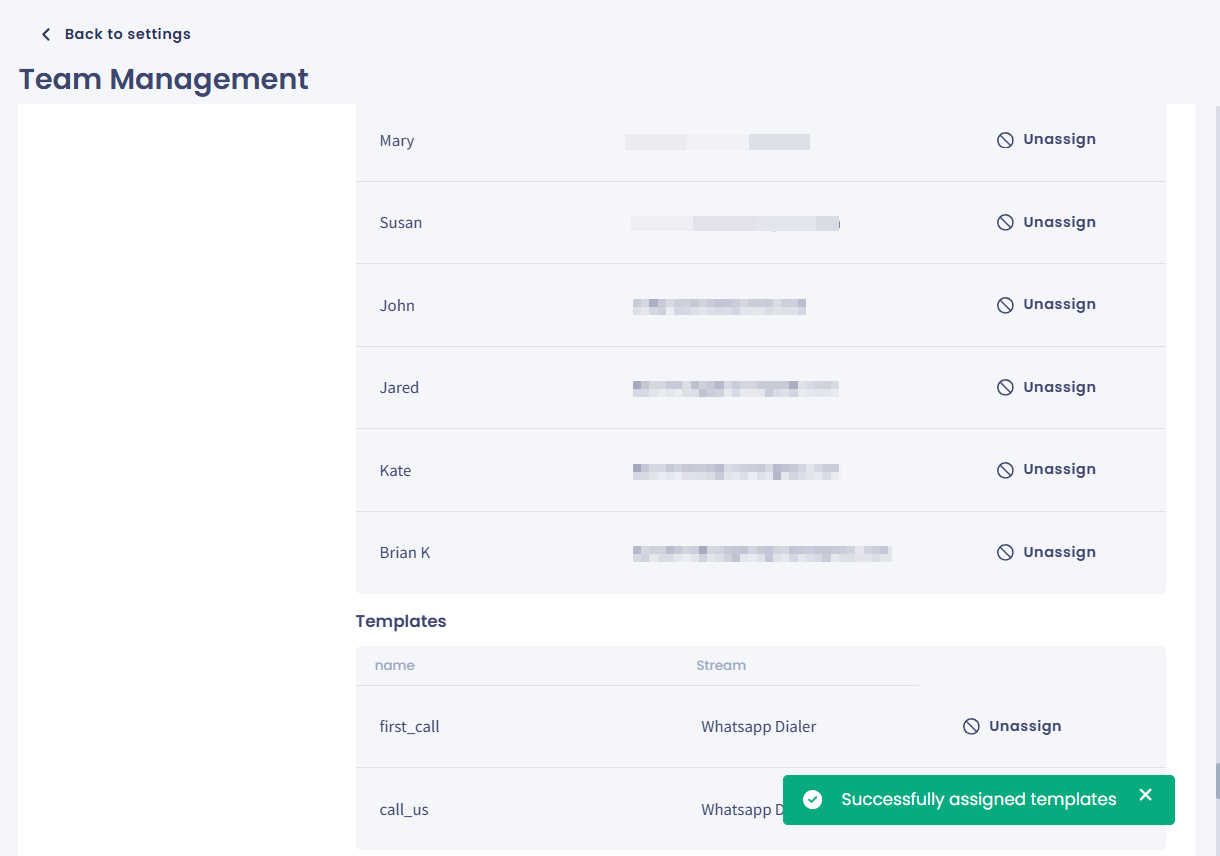 Screenshot of the templates assigned to the team
