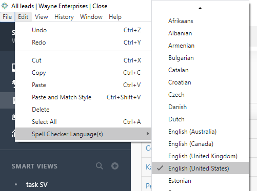 Spell Checker Languages menu in Close