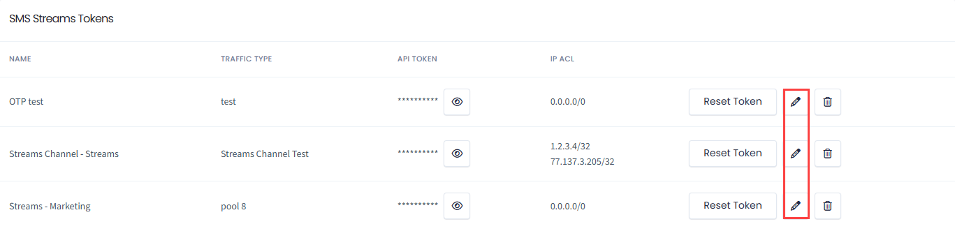 Screenshot of the SMS Streams Tokens table