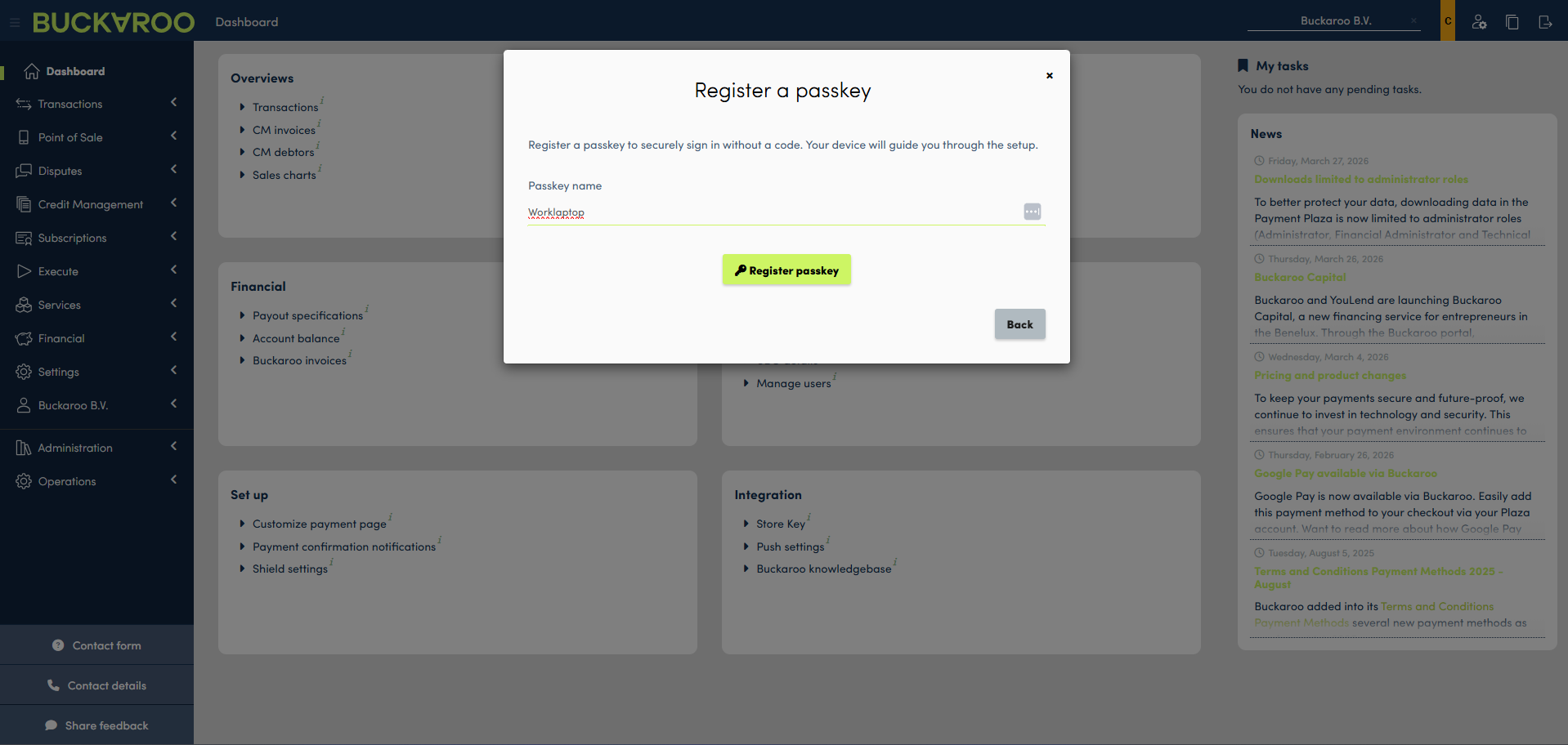 Register a passkey window showing the passkey name field and Register passkey button.