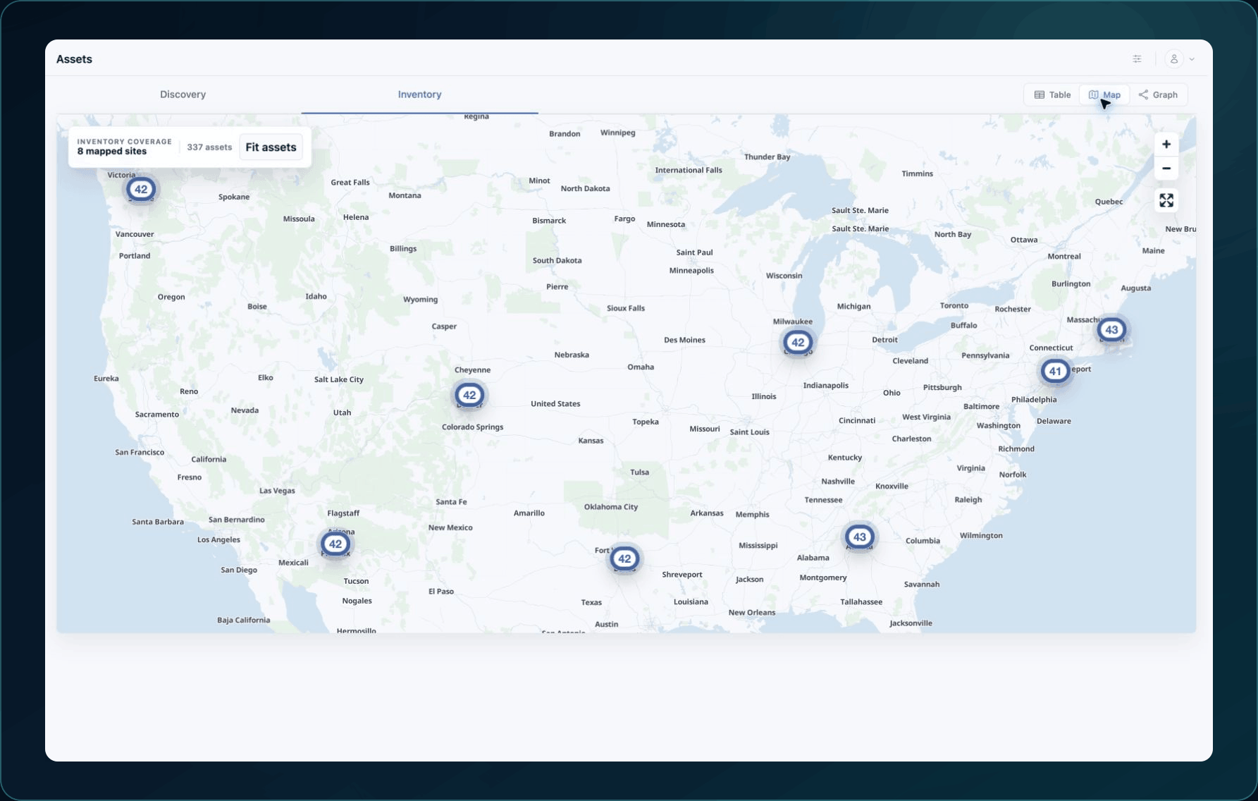 Asset Inventory Map showing mapped Site clusters, coverage counts, Fit assets, and map controls.