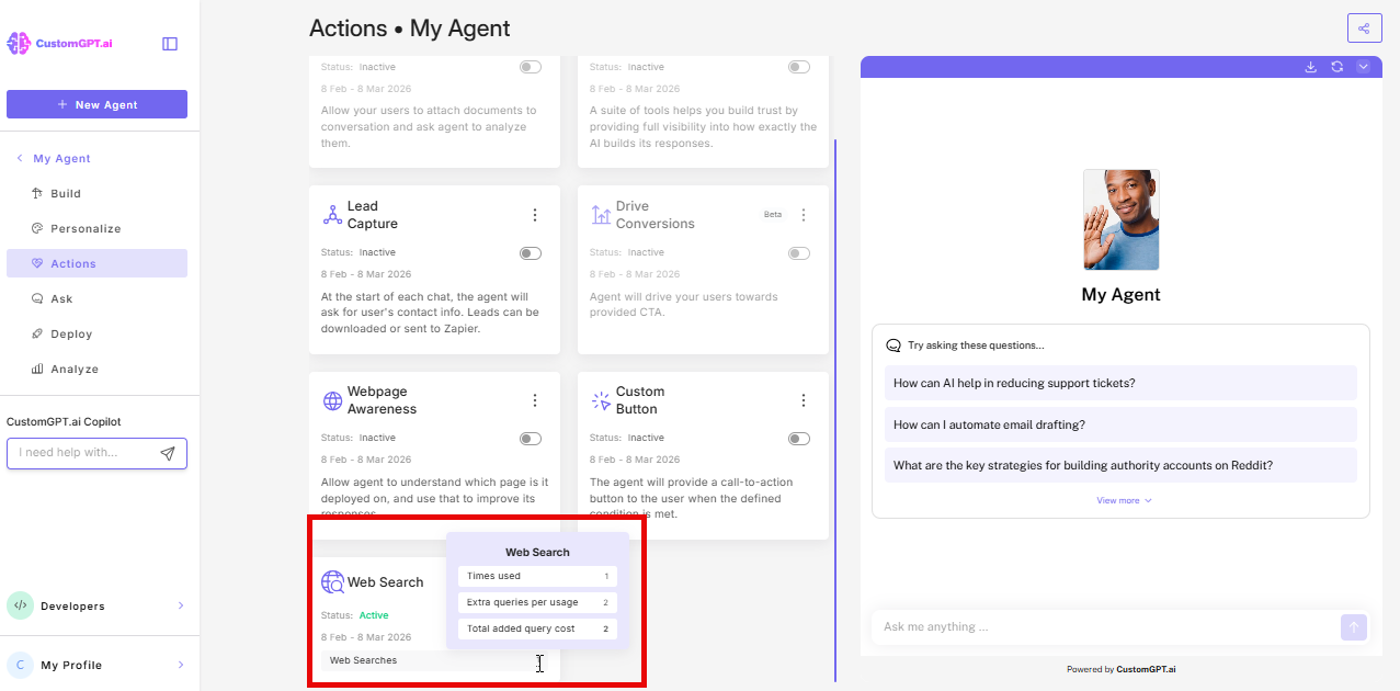 Screenshot: Web Search usage view n action card