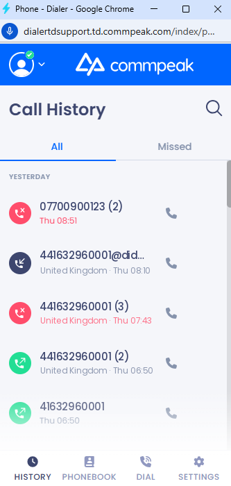Screenshot of the Call History screen