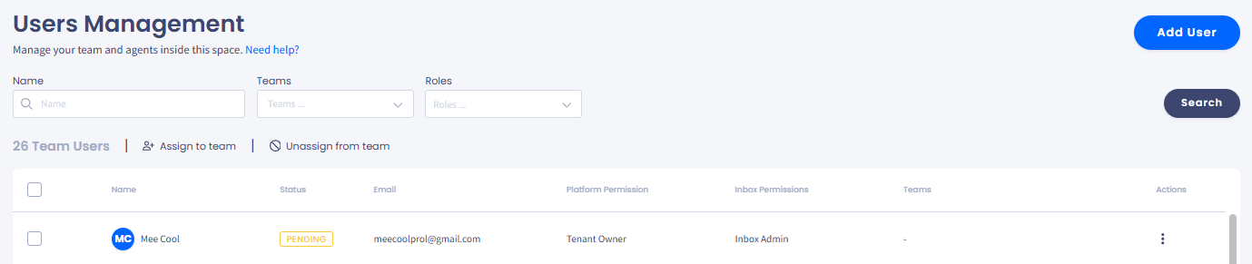 Screenshot of the 'Users Management' Dashboard displaying an invited user with the 'Pending' state.