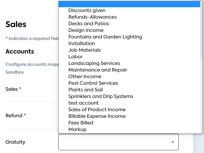 A dropdown list displaying nominal accounts that can be used to map **Gratuity** (click to expand).