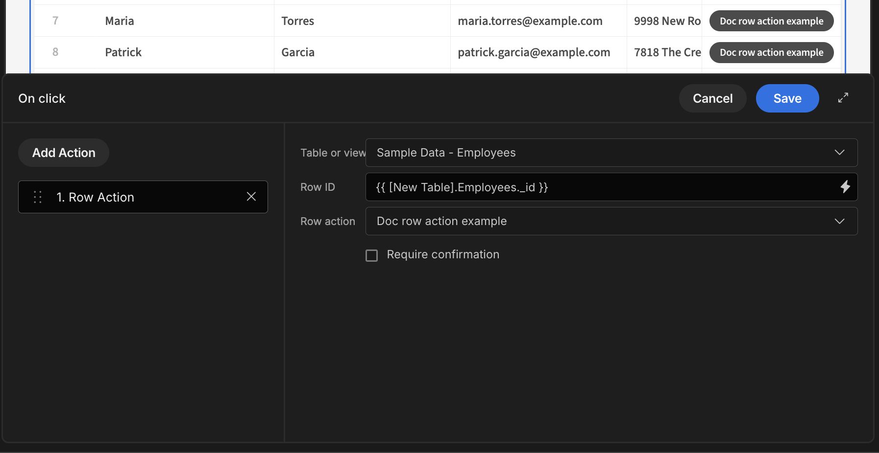 Row actions settings
