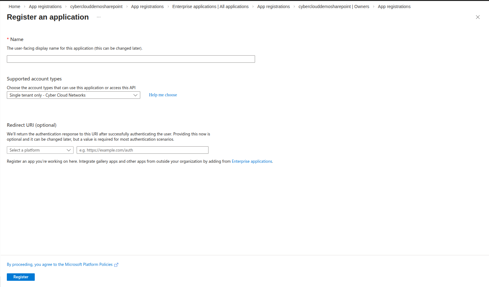 Register an application form with display name and single tenant option