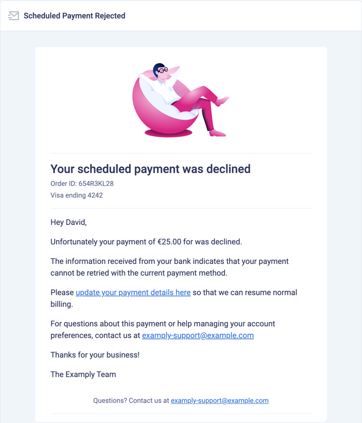 Example of an email to notify a customer that a scheduled payment was hard-declined