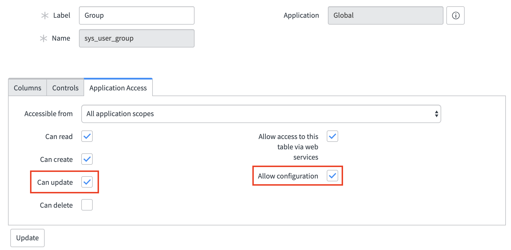 Application Access settings