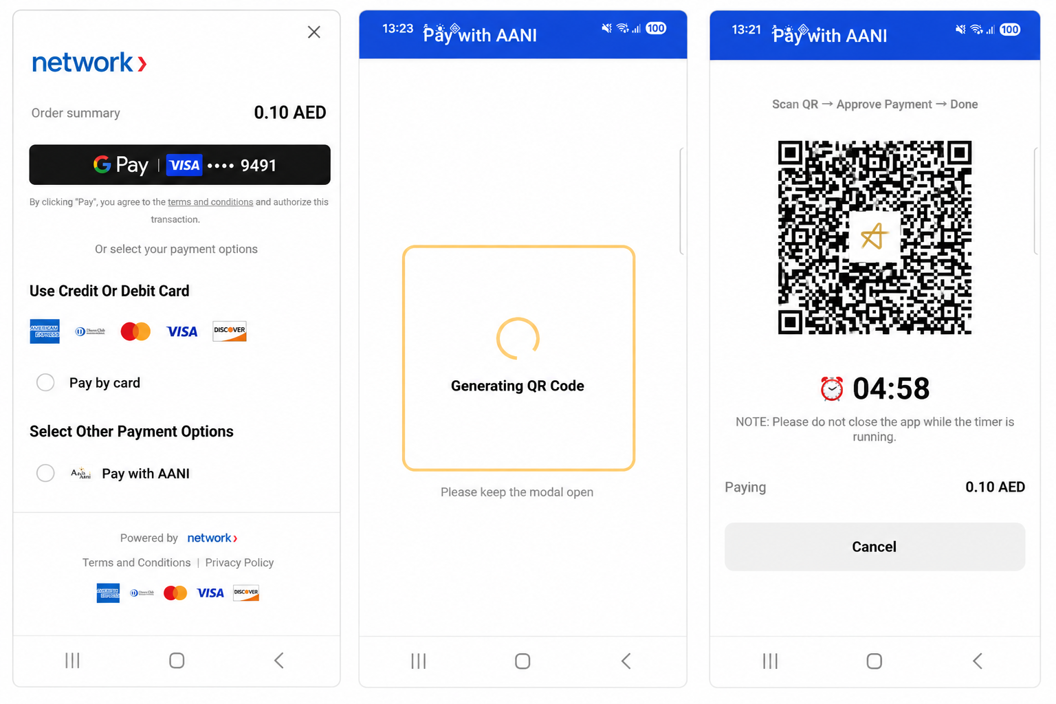 AANI pay with QR code screen.