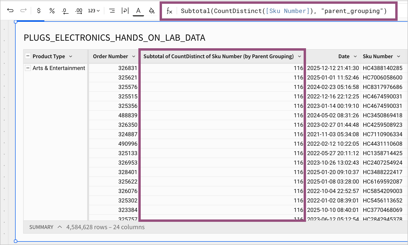 A table shows a calculated column that uses the Subtotal function to return the number of unique products for each parent grouping, returning 116 for each row in the Art & Entertainment product type grouping, and a different value for each row in the other groupings