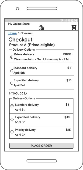 Delivery offers during checkout with a Prime-eligible product and a product that isn't eligible for Prime