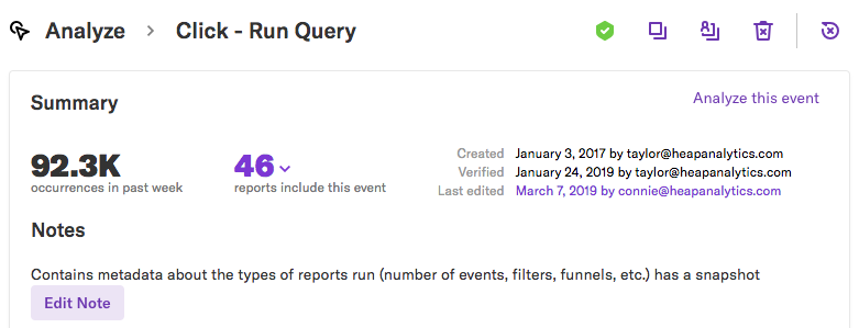 The summary and details of a 'Click - Run Query' event