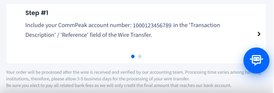 Screenshot of the Wire transfer instructions - Step 1