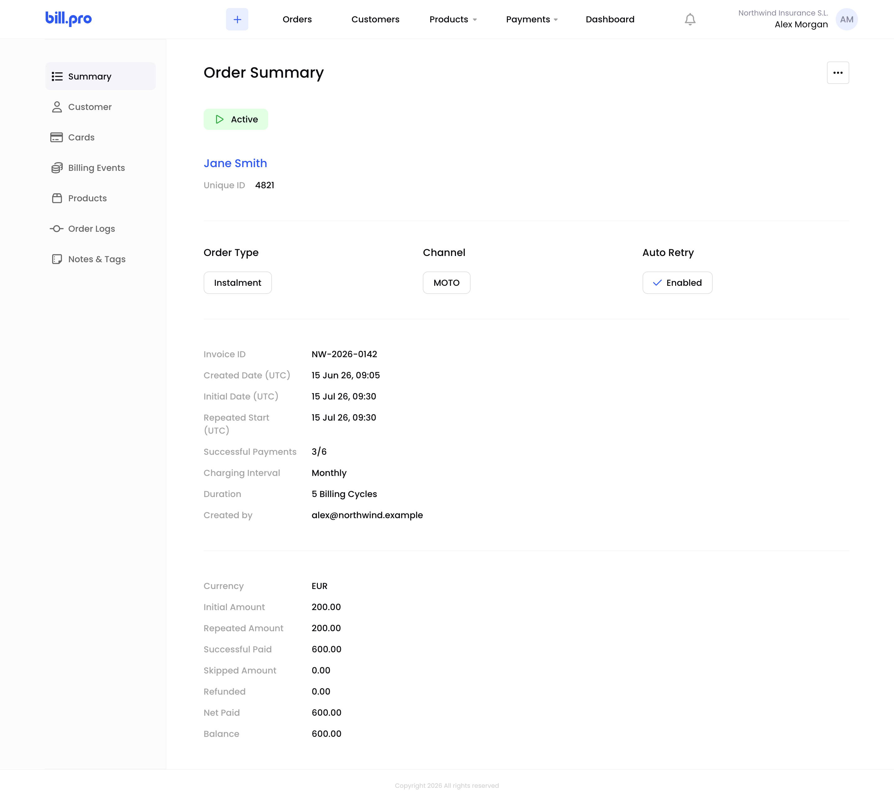 The Summary tab of an active instalment order