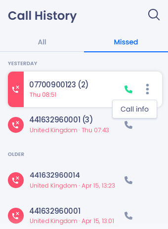 Screenshot of the Call info button