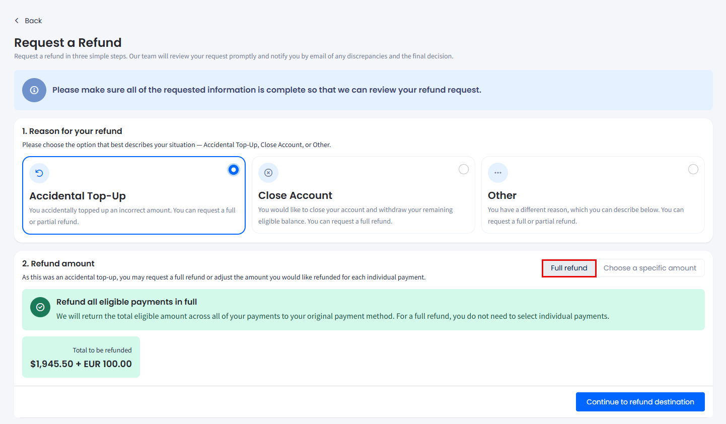 Screenshot of Request a Refund form: asking for a full refund for Accidental Top-Up 