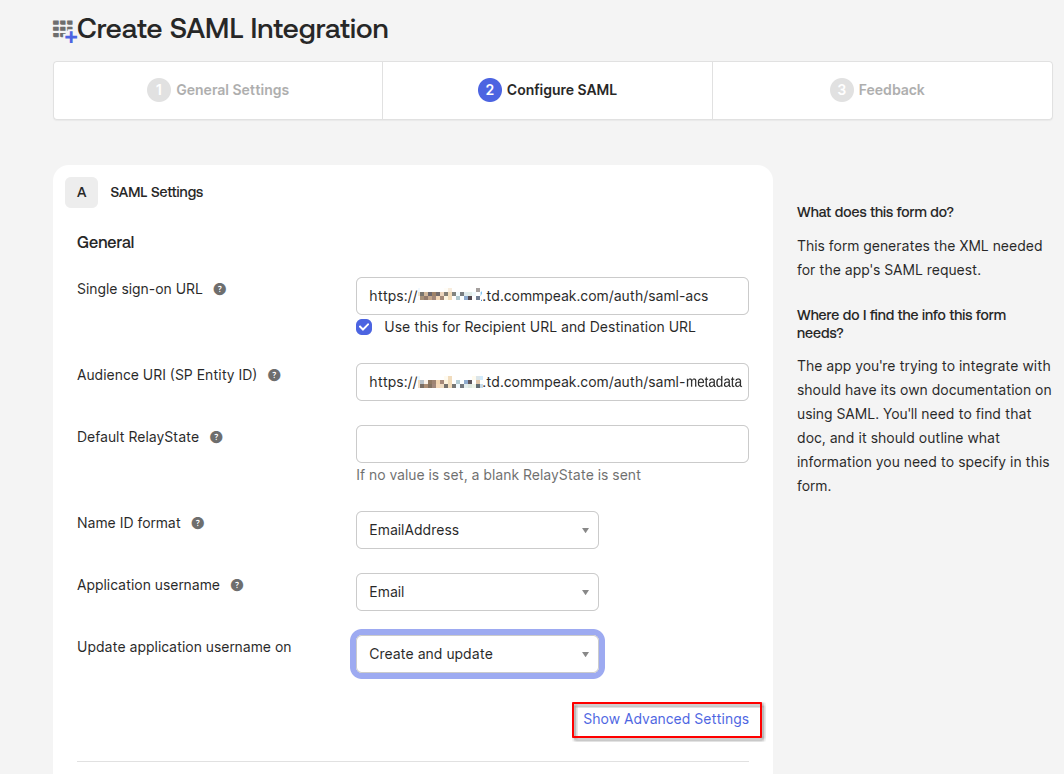 Screenshot of Create SAML Integration page - step 2