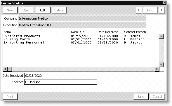 From Exposition, select View exhibitor information, open an exposition, double-click an exhibitor, click More, and select Form Tracking