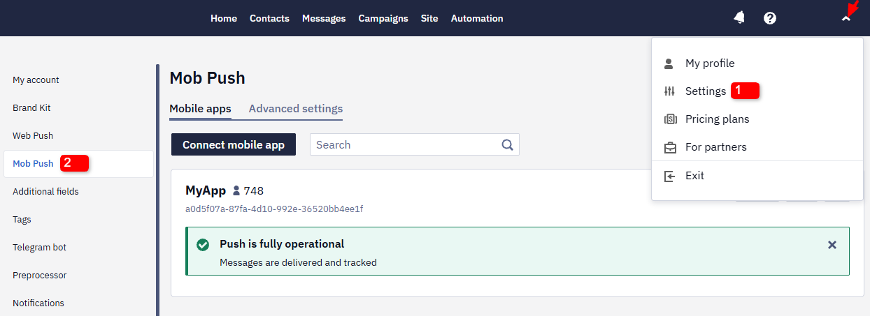 eSputnik account menu with the Settings item boxed and numbered 1 and the Mob Push sidebar link boxed and numbered 2.