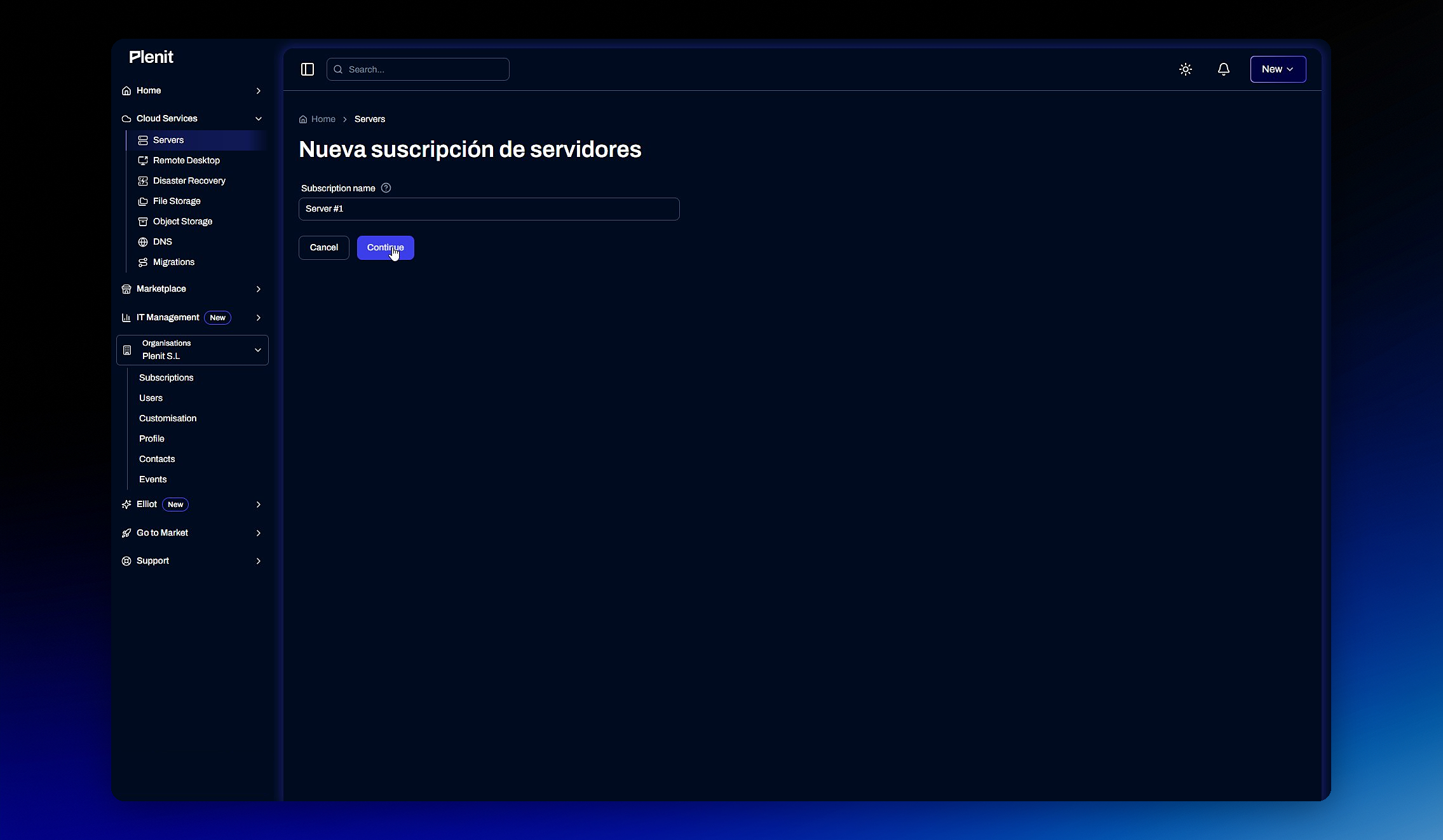 Modal de nueva suscripción con el botón Continuar destacado