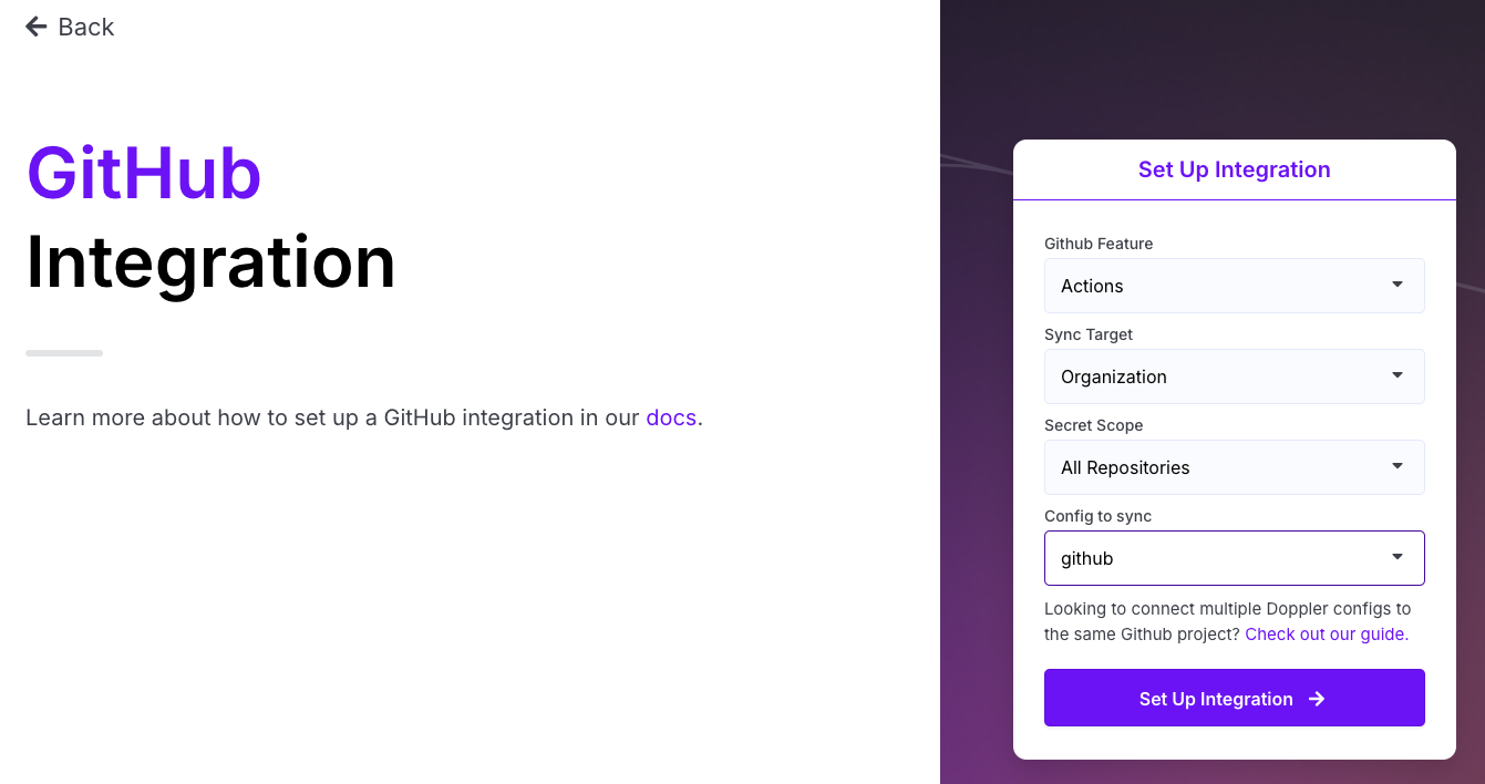 Screenshot of Doppler's set up integration UI for github