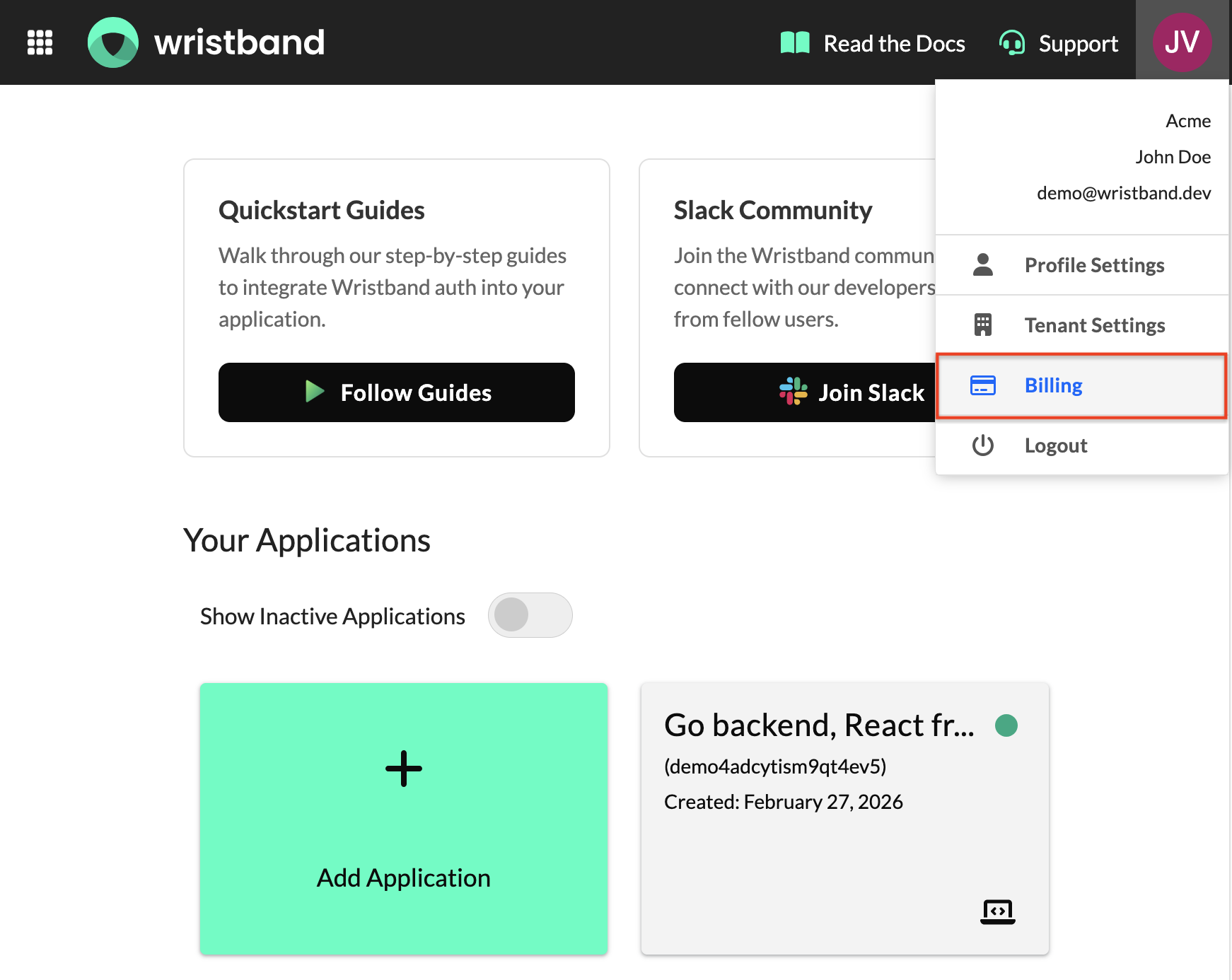 Account menu with Billing option highlighted