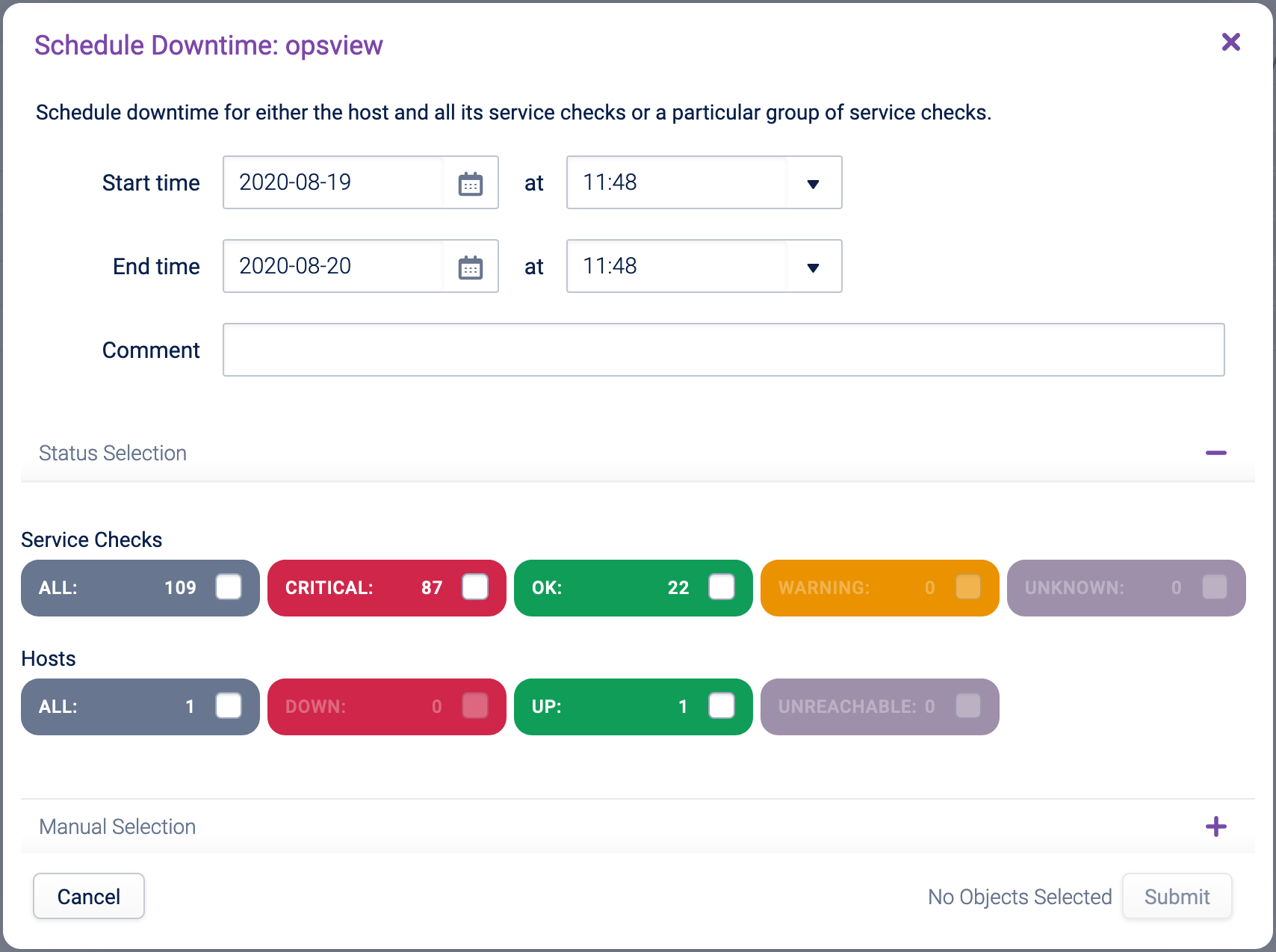 Example of Host Group Schedule Downtime Status Selection