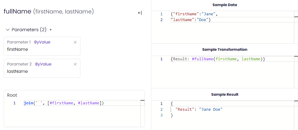 Function for joining the first and last name of a person to yield a full name.