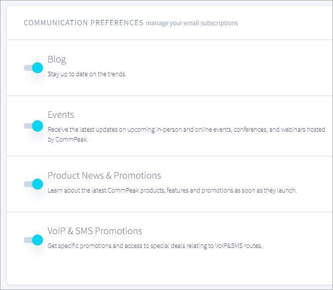 Screenshot of setting communication preferences