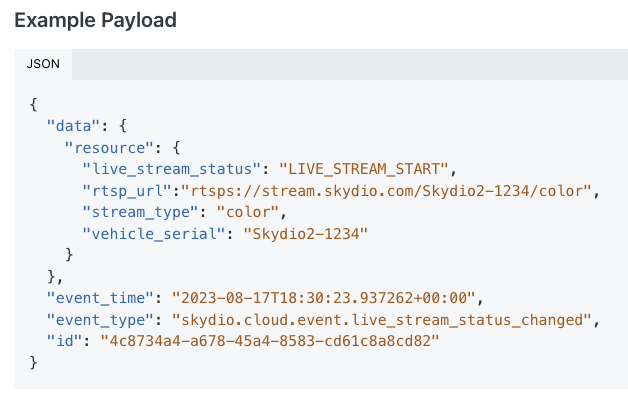 Example payload for Live Stream Status changes. [Link](https://apidocs.skydio.com/reference/webhook_request_format#live-stream-status)