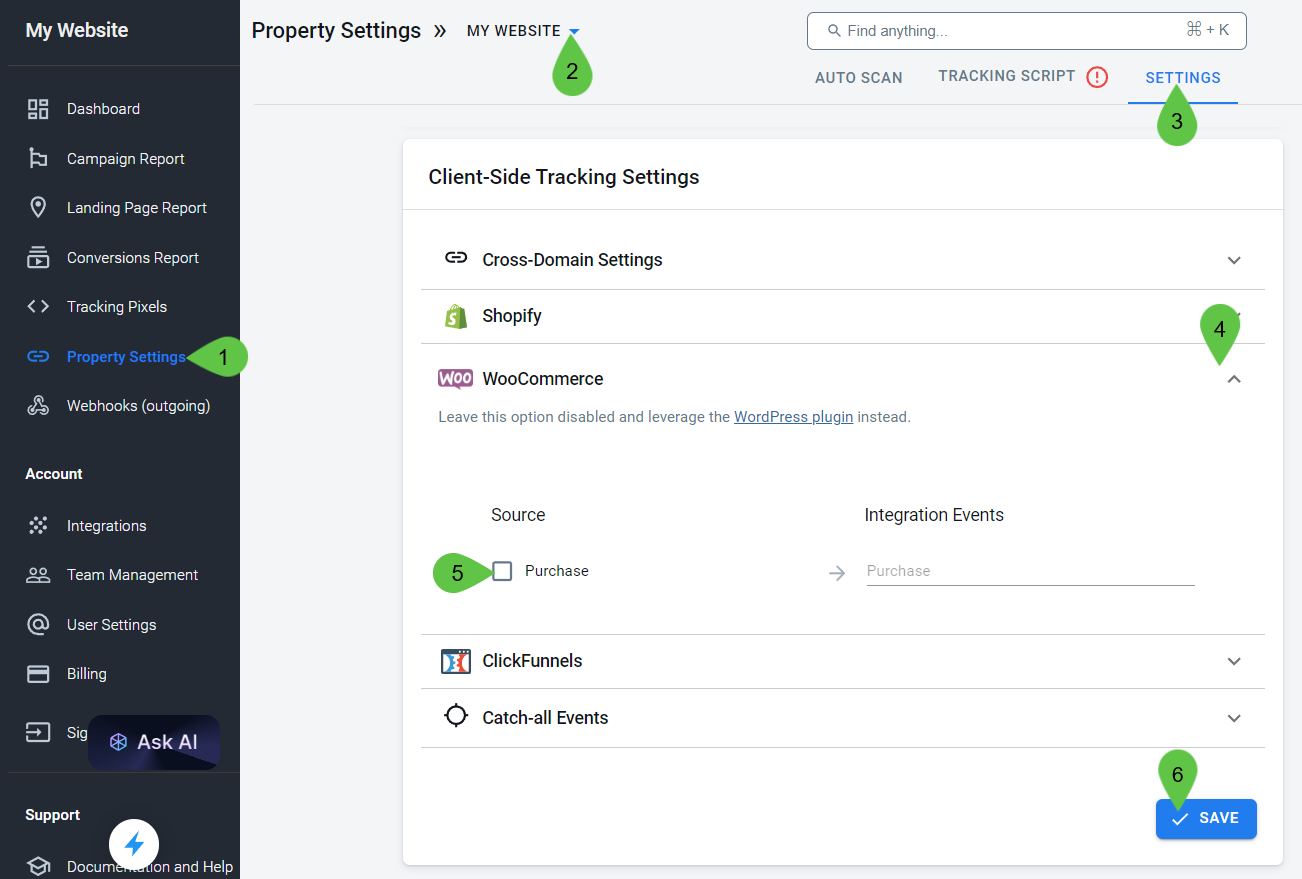 How to find the client-side tracking options for the Woocommerce integration from the AnyTrack dashboard.