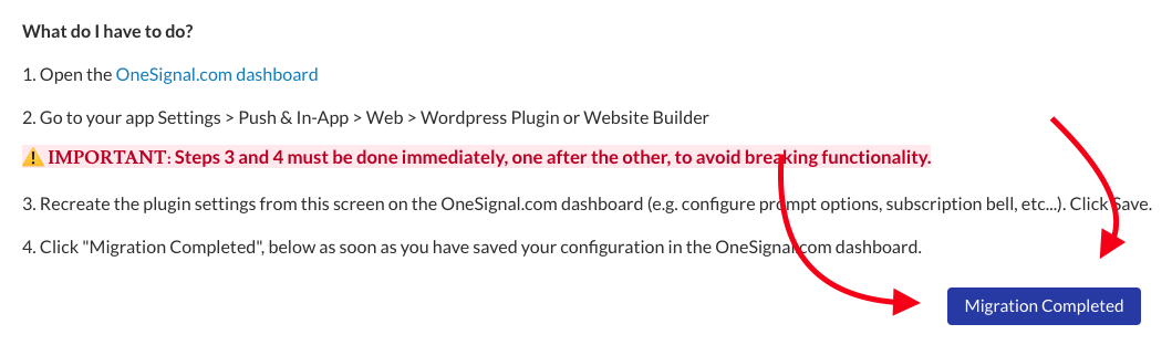 Migration Completed button within the OneSignal Plugin in WordPress.