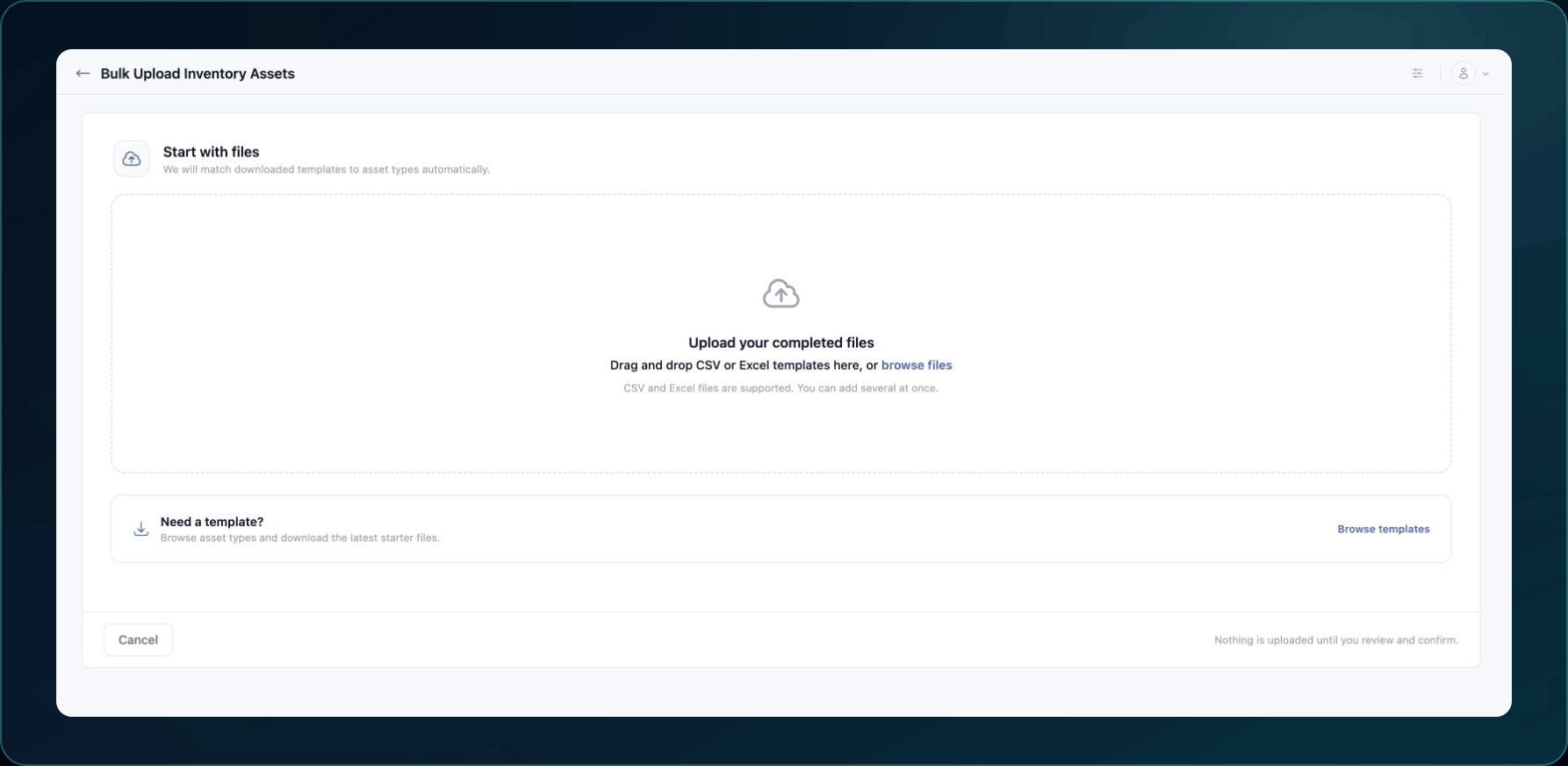 Bulk Upload Inventory Assets page with file selection, template browsing, and the pre-upload safety message.